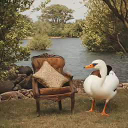 an ducks standing near two chairs sitting on the grass