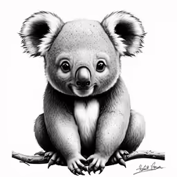 a drawing of a baby koala sitting on top of a branch