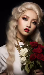 a woman with white and red makeup holding a bouquet of roses,a model with a bouquet of roses and a white shirt