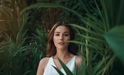 the woman is posing in the green bush