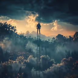 a man that is on a ladder with the sky