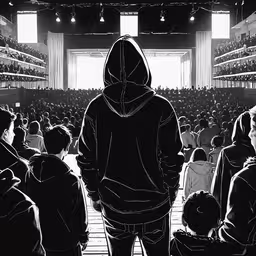 a man in black and white sweatshirt is watching people on the stage,a person standing in front of a crowd wearing a hooded hoodie