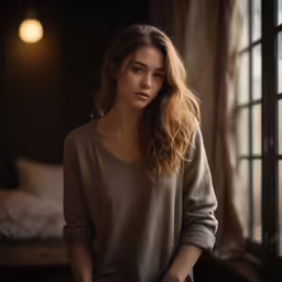 a beautiful woman with long hair in a gray sweater