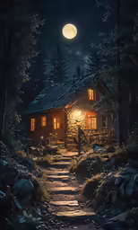 a cabin in the woods with the moon above it