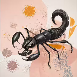 black scorpion with yellow flowers on a pink and white background