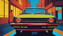 the yellow car is parked in the street with the man standing on the other side,an abstract drawing of a green and orange car on the street