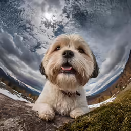 a dog that is laying down in front of some snow