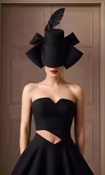 woman with black dress, hat and black feather