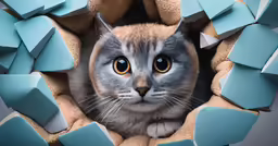 a grey and white cat laying on top of a pile of blue bricks