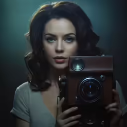 a woman holding an old camera posing for a picture