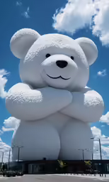 a big white teddy bear is standing next to a building