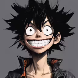 an anime character with black hair and white teeth