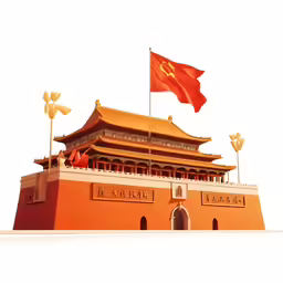 two flags and a tall building with orange roofs