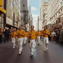 people wearing yellow jackets walk down the street