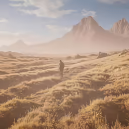 a man walking through the desert towards mountains