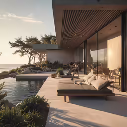 a lounge in front of an open oceanfront patio