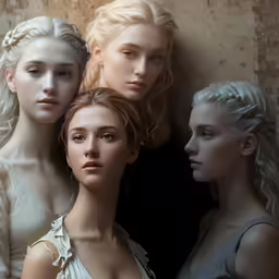 three woman wearing white hair posing for a photo