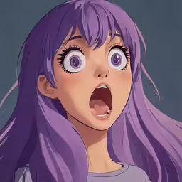 a female with purple hair looking surprised