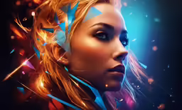 a woman with golden hair is wearing bright clothes