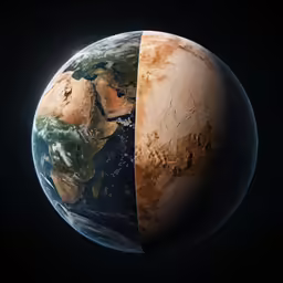 a large brown and green planet with a black background