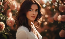 a woman wearing white posing for a picture with flowers