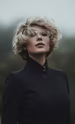 a woman with blonde hair wearing sunglasses looks up