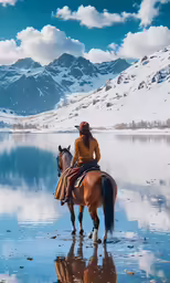 the rider is riding a horse on the ice covered ground