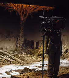 a man stands behind a camera set up in the dark
