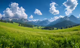 there is a lush green field that has a large mountain behind it