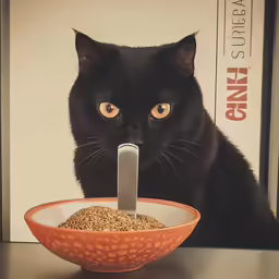 a cat is staring at its food in the bowl