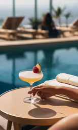 someone is holding a fruit on top of a cocktail by the pool