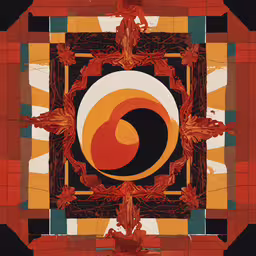 a very interesting, colorful art work with a circle in it,a picture of a person