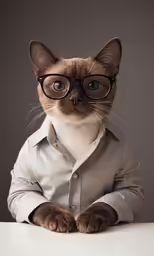 a cat with glasses is posing for a portrait