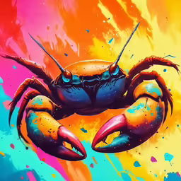 an orange, blue and yellow crab on paint splashing paper