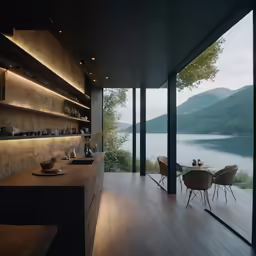 an open kitchen with large windows and a big wooden table