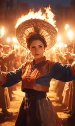 a woman is holding torches with her arms