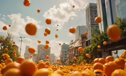 oranges falling into the air and scattered with orange slices floating in it