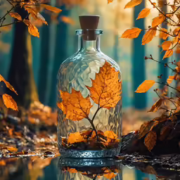 a bottle with a leaf pattern on it