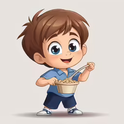 a cartoon kid with a bucket full of cereal