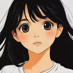 an anime girl with long black hair, brown eyes and big round black eyelashes