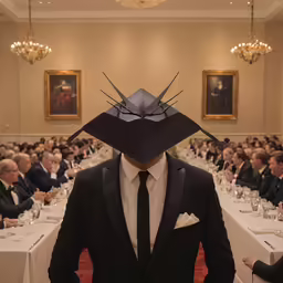 an odd dressed man in a suit and tie standing by his face