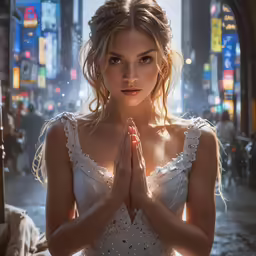 woman with hands crossed in front of a city scene