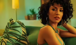 woman wearing green dress sitting on the couch looking at the camera