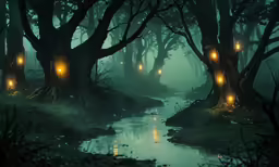 a river that is surrounded by trees and some lights
