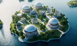 a large island with domes and some water