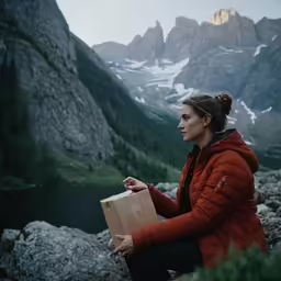 woman sitting on a mountain holding a bag