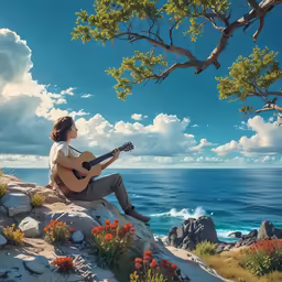 a woman sitting on a rock playing guitar