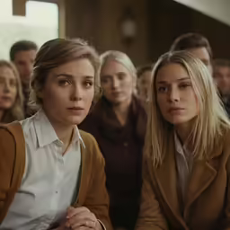 two women looking bored while sitting in front of a crowd