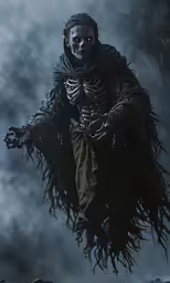 the skeleton creature in the image appears to be coming out of a forest