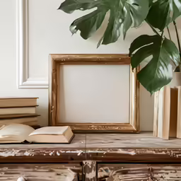 an open book sits on a desk in front of an ornate frame